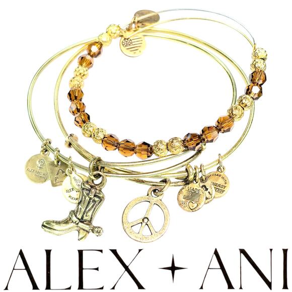 Alex and Ani Cowboy Boot Peace Sign Brown Glass Beaded Gold Tone Bangle Bracelet - Picture 1 of 8